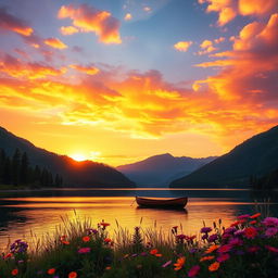 A scenic landscape featuring a vibrant sunset over a serene lake surrounded by lush green mountains