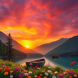 A scenic landscape featuring a vibrant sunset over a serene lake surrounded by lush green mountains