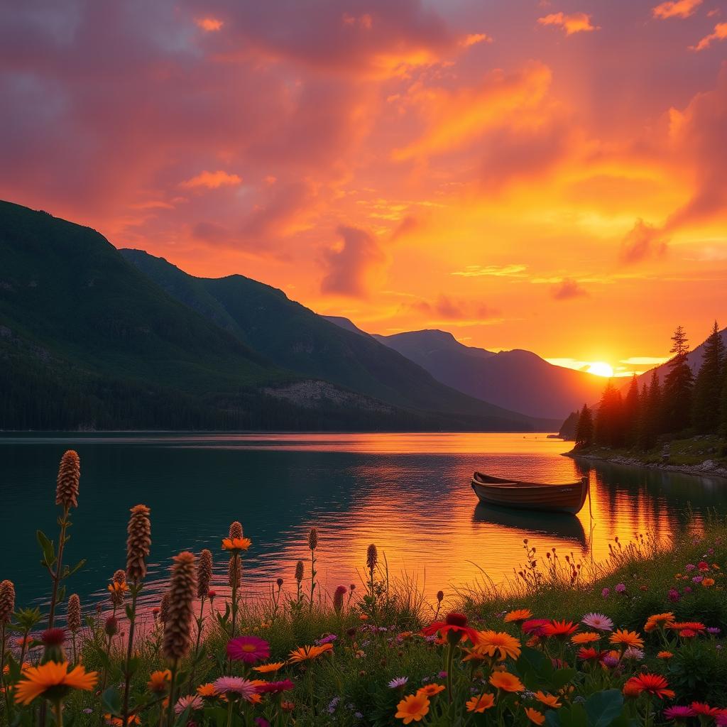 A scenic landscape featuring a vibrant sunset over a serene lake surrounded by lush green mountains