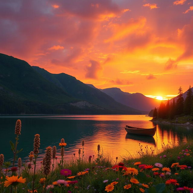 A scenic landscape featuring a vibrant sunset over a serene lake surrounded by lush green mountains