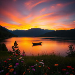 A scenic landscape featuring a vibrant sunset over a serene lake surrounded by lush green mountains