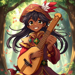 An anime-style illustration of a male bard with dark skin and longer hair flowing down his shoulders