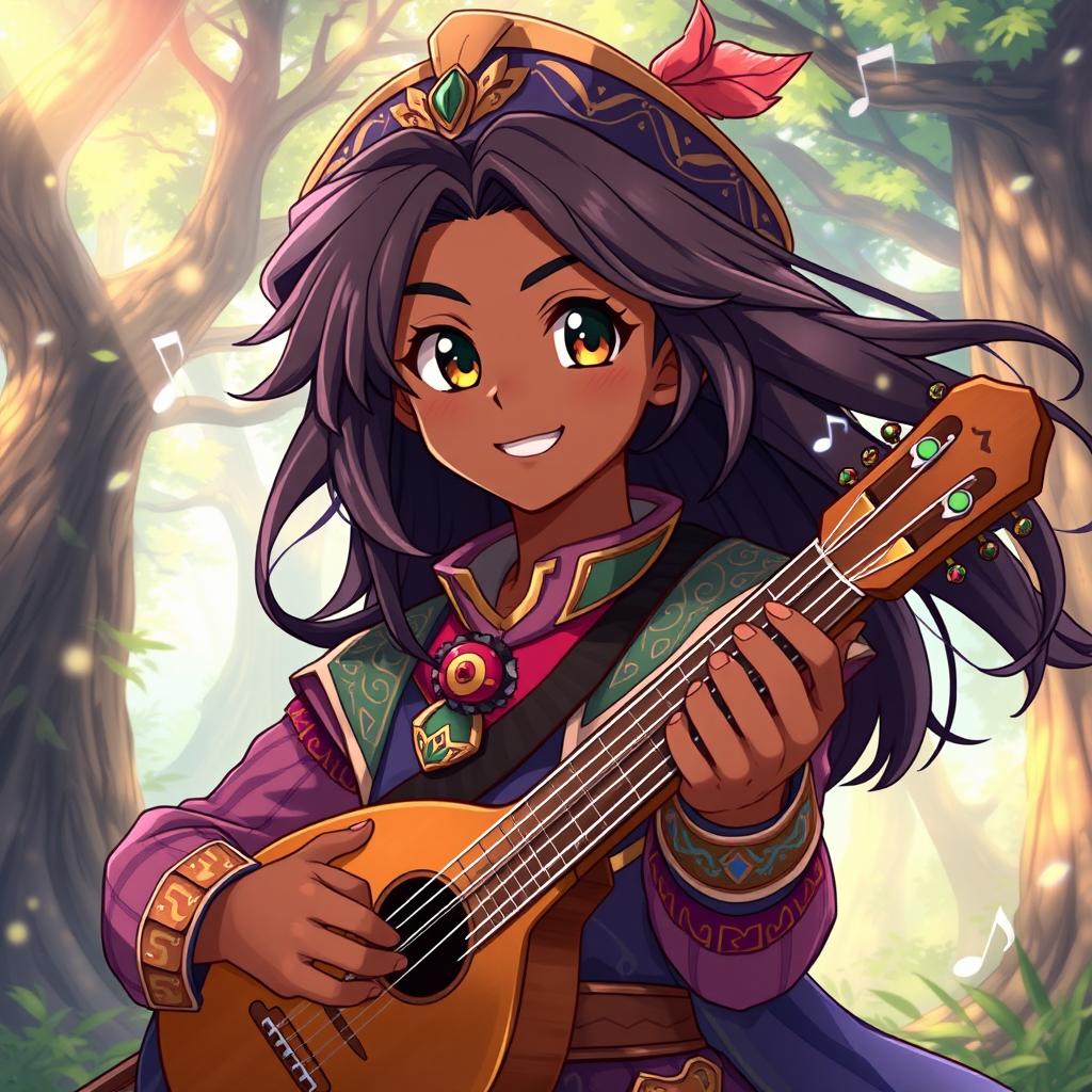 An anime-style illustration of a male bard with dark skin and longer hair flowing down his shoulders