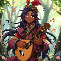 An anime-style illustration of a male bard with dark skin and longer hair flowing down his shoulders