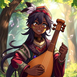 An anime-style illustration of a male bard with dark skin and longer hair flowing down his shoulders