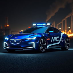 A futuristic concept coupe car designed in a striking indigo blue color, featuring a bold white stripe running along its side