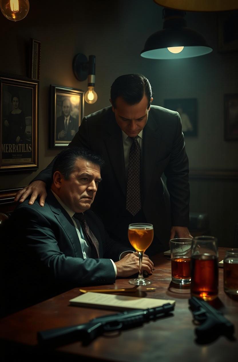 A moody, atmospheric scene depicting two men in a dimly lit, vintage setting resembling a classic speakeasy