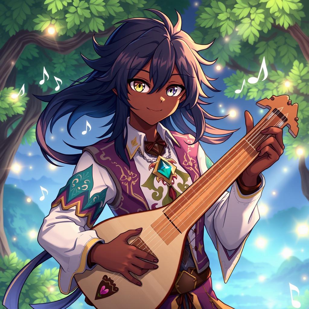 An anime-style illustration of a male bard with dark skin and longer, flowing hair that cascades down his shoulders