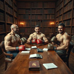 A group of three half-naked muscular men wearing boxing gloves, casually sitting around a large wooden table in a classic library