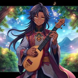 An anime-style illustration of a male bard with dark skin and longer, flowing hair that cascades down his shoulders