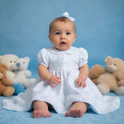 A delightful baby in an immaculate white dress, sitting upright on a soft, plush baby-blue blanket, looking curiously at surrounding toys.