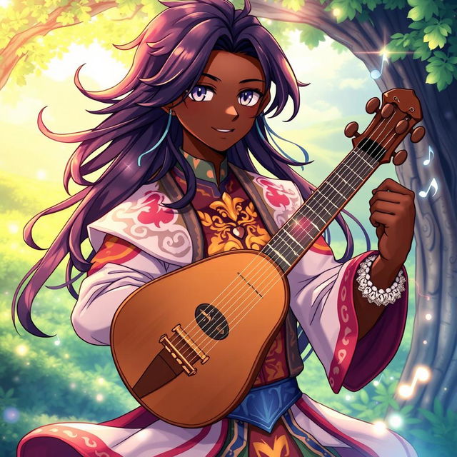 An anime-style illustration of a male bard with dark skin and longer, flowing hair that cascades down his shoulders