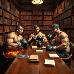 A group of three half-naked muscular men wearing boxing gloves, casually sitting around a large wooden table in a classic library