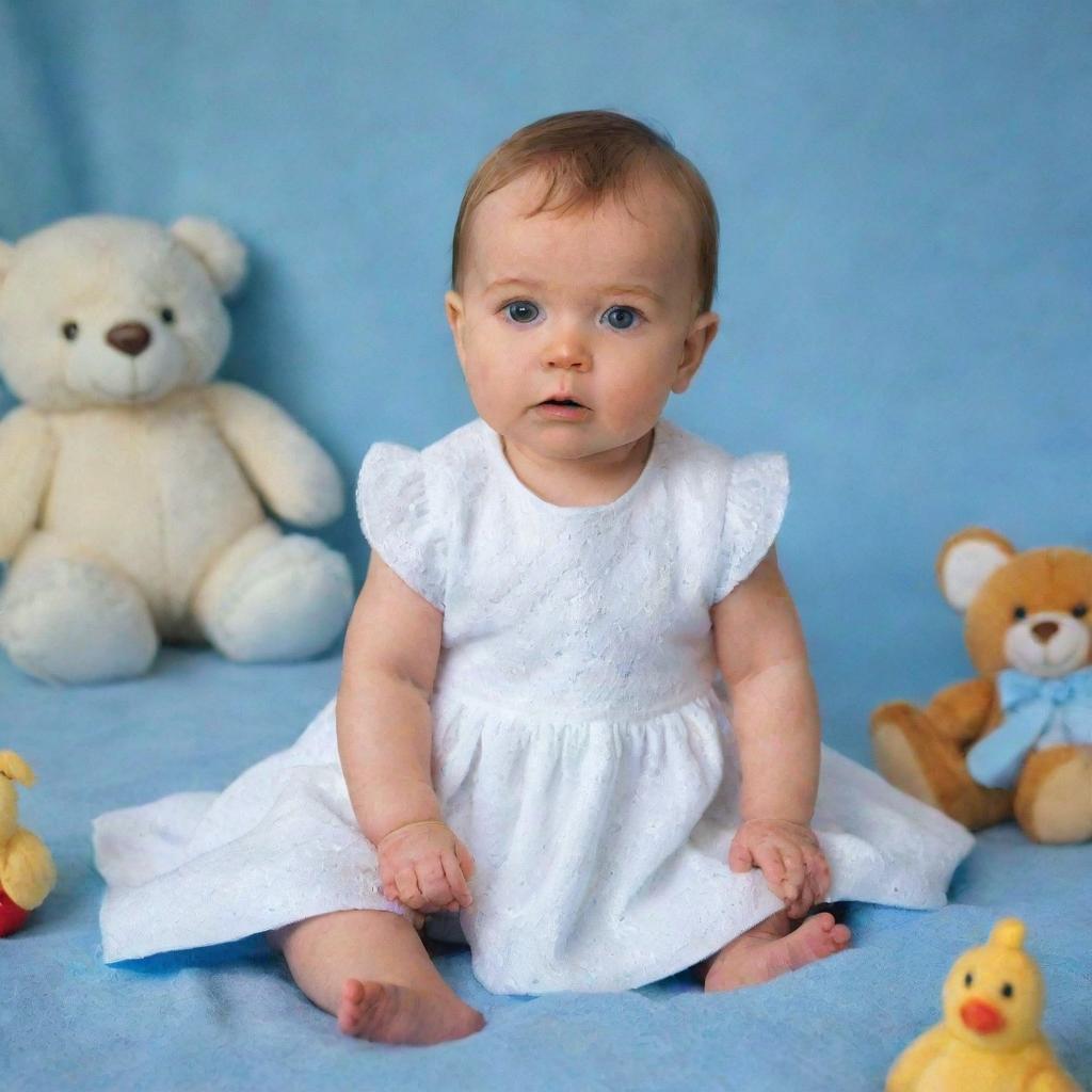 A delightful baby in an immaculate white dress, sitting upright on a soft, plush baby-blue blanket, looking curiously at surrounding toys.