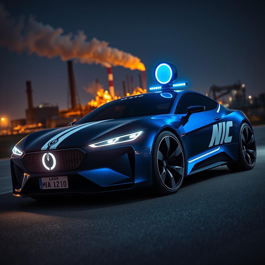 A futuristic concept coupe car designed in an indigo blue color with a striking white stripe running along its side