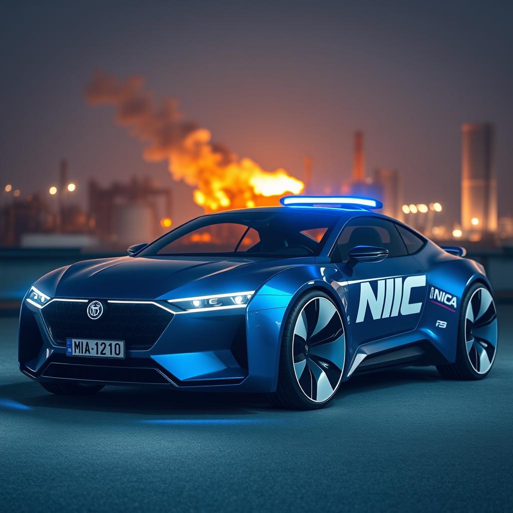 A futuristic concept coupe car designed in an indigo blue color with a striking white stripe running along its side