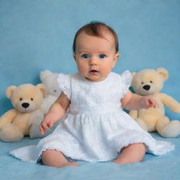 A delightful baby in an immaculate white dress, sitting upright on a soft, plush baby-blue blanket, looking curiously at surrounding toys.