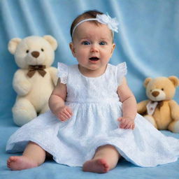 A delightful baby in an immaculate white dress, sitting upright on a soft, plush baby-blue blanket, looking curiously at surrounding toys.