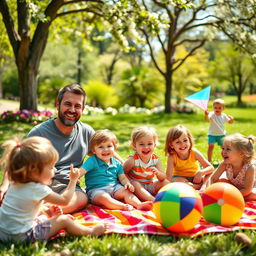 A warm, joyful scene featuring two fathers sitting on a vibrant picnic blanket in a sunny park, surrounded by a cheerful group of children playing and having fun