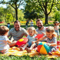 A warm, joyful scene featuring two fathers sitting on a vibrant picnic blanket in a sunny park, surrounded by a cheerful group of children playing and having fun