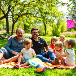 A warm, joyful scene featuring two fathers sitting on a vibrant picnic blanket in a sunny park, surrounded by a cheerful group of children playing and having fun