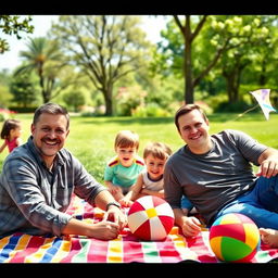 A warm, joyful scene featuring two fathers sitting on a vibrant picnic blanket in a sunny park, surrounded by a cheerful group of children playing and having fun