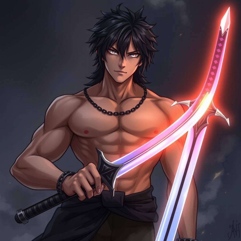 A young man named Zephyr stands tall and imposing, confidently holding the glowing sword "Soul Eater" in his hand