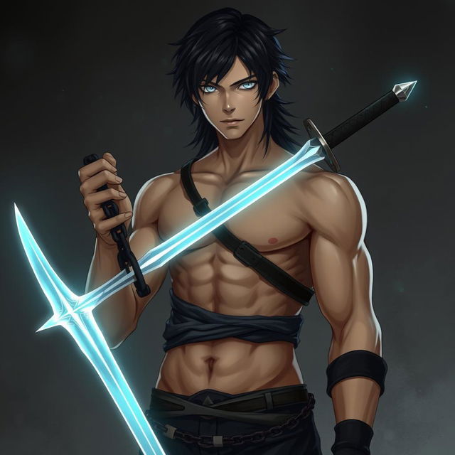 A young man named Zephyr stands tall and imposing, confidently holding the glowing sword "Soul Eater" in his hand