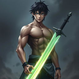 A young man named Zephyr stands tall and imposing, confidently holding the glowing sword "Soul Eater" in his hand