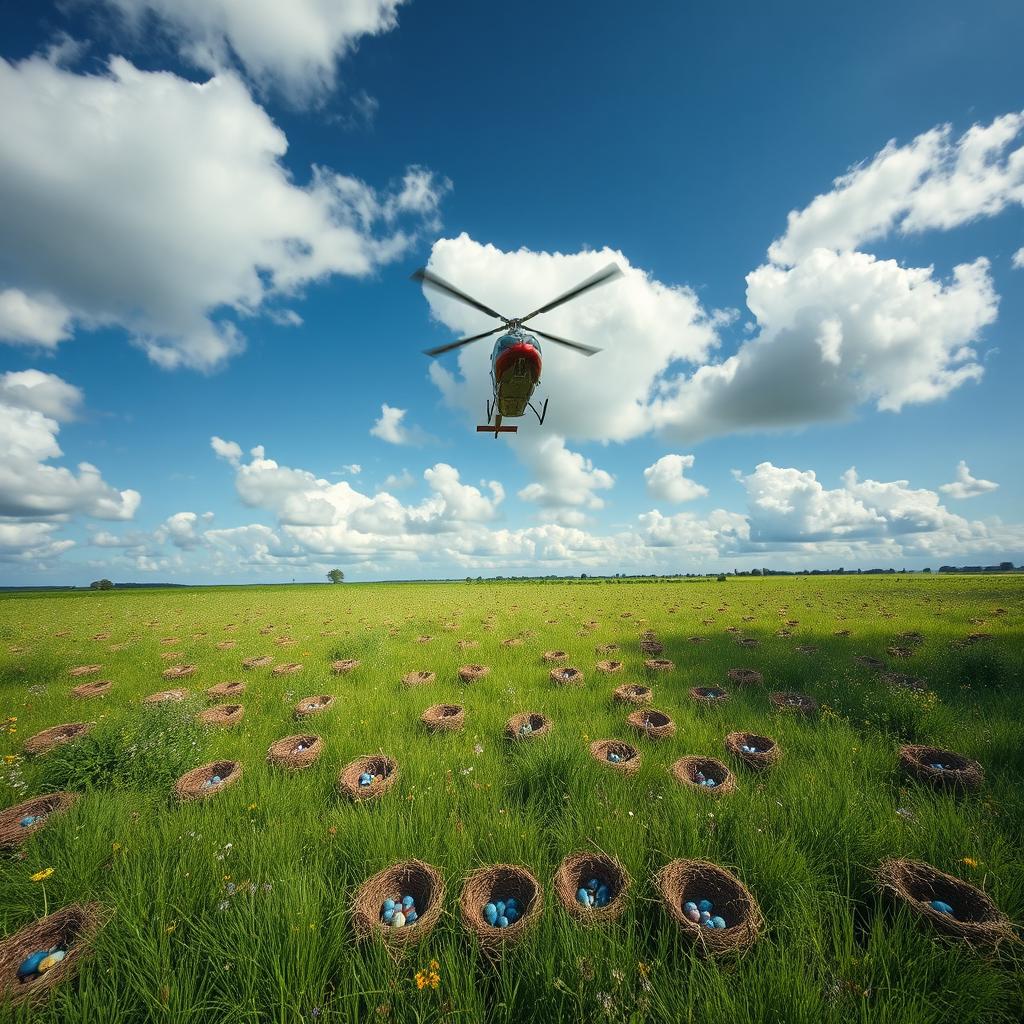 A breathtaking aerial view of a vibrant green field filled with numerous cuckoo's nests, showcasing the intricate designs of the nests nestled among the grass and wildflowers