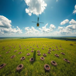 A breathtaking aerial view of a vibrant green field filled with numerous cuckoo's nests, showcasing the intricate designs of the nests nestled among the grass and wildflowers