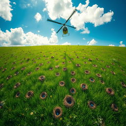 A breathtaking aerial view of a vibrant green field filled with numerous cuckoo's nests, showcasing the intricate designs of the nests nestled among the grass and wildflowers