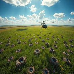 A breathtaking aerial view of a vibrant green field filled with numerous cuckoo's nests, showcasing the intricate designs of the nests nestled among the grass and wildflowers