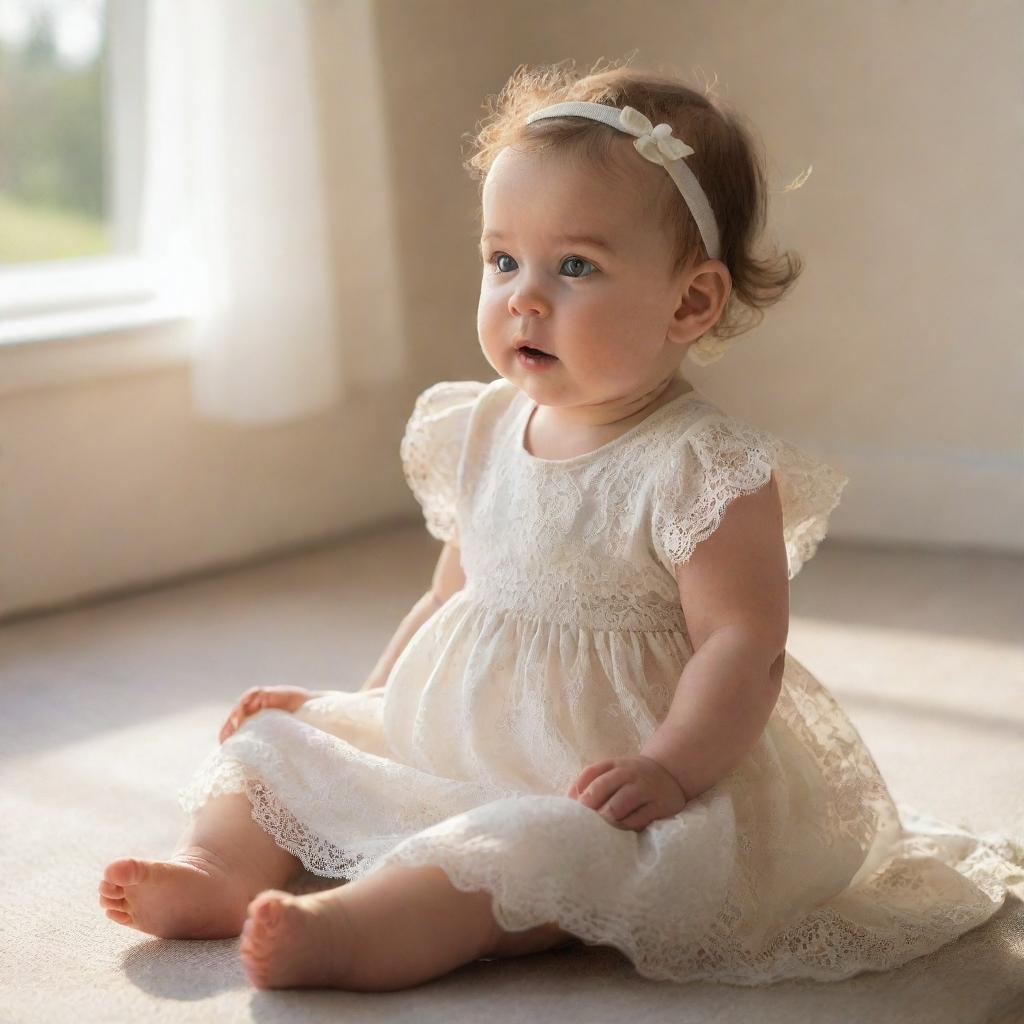 An enchanting baby wearing a cream-white dress, sitting upright and facing the left, soft sunlight casting a gentle glow, accentuating her innocent expression.