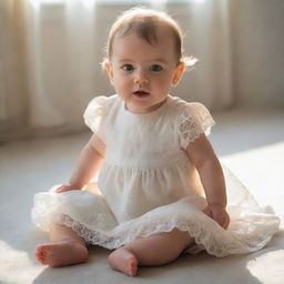 An enchanting baby wearing a cream-white dress, sitting upright and facing the left, soft sunlight casting a gentle glow, accentuating her innocent expression.