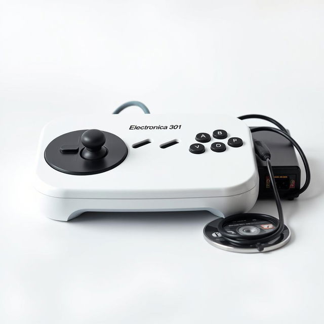 A sleek white futuristic game console prominently features a black inscription 'Electronica 301'