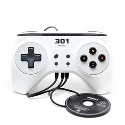 A sleek white futuristic game console prominently features a black inscription 'Electronica 301'