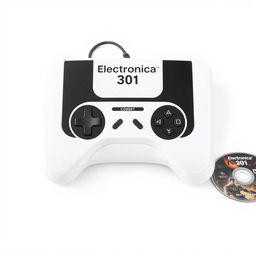 A sleek white futuristic game console prominently features a black inscription 'Electronica 301'