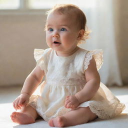 An enchanting baby wearing a cream-white dress, sitting upright and facing the left, soft sunlight casting a gentle glow, accentuating her innocent expression.