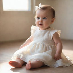 An enchanting baby wearing a cream-white dress, sitting upright and facing the left, soft sunlight casting a gentle glow, accentuating her innocent expression.