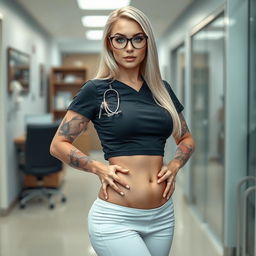 A 19-year-old female urologist of Czech ethnicity, characterized by an hourglass, muscular body with a flat stomach, large breasts, and a firm, muscular butt