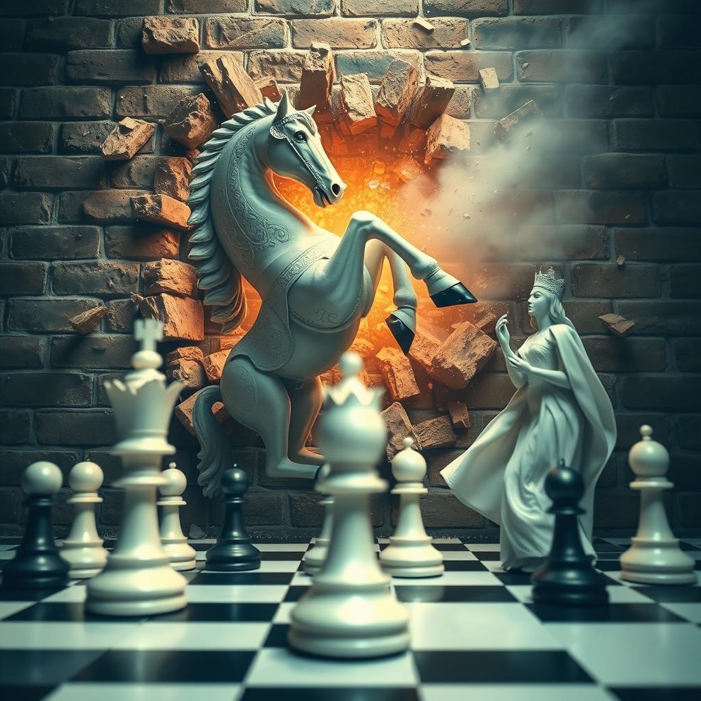 An action-packed scene depicting a powerful chess knight (horse) smashing through a brick wall, fragments flying around to emphasize the force of the impact