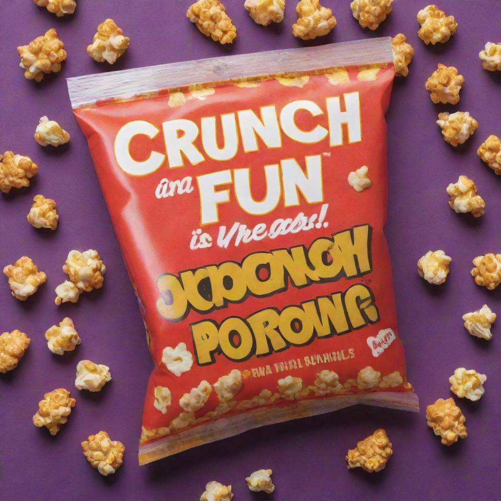 A captivating image of golden chicken popcorn adorned by a catchy slogan, 'Crunch into Fun!', in vivid lettering.