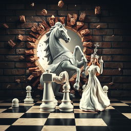 An action-packed scene depicting a powerful chess knight (horse) smashing through a brick wall, fragments flying around to emphasize the force of the impact