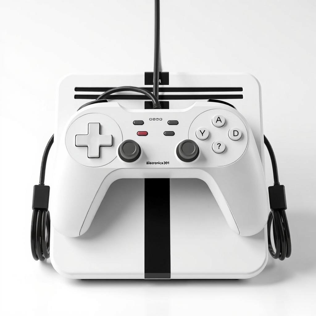 A retrofuturistic console design featuring a sleek white housing with a prominent black stripe running horizontally across the middle