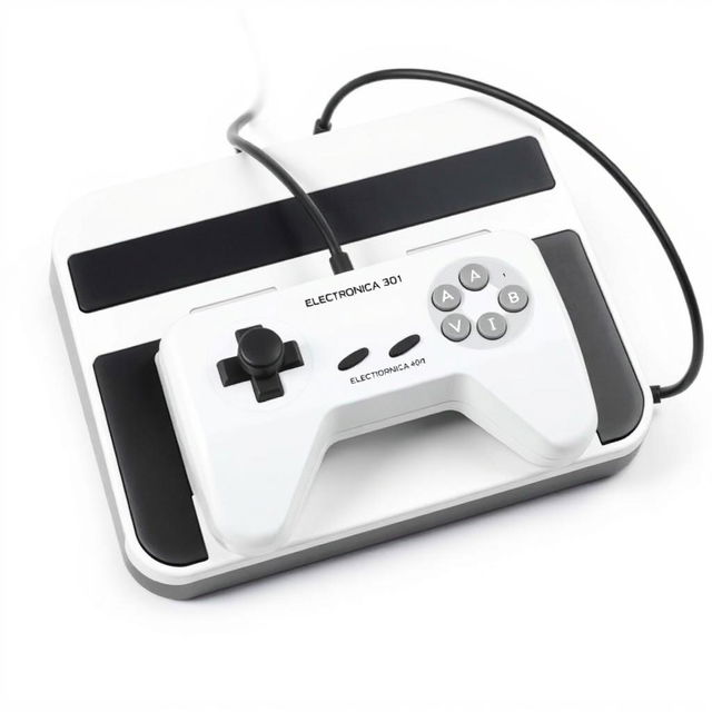 A retrofuturistic console design featuring a sleek white housing with a prominent black stripe running horizontally across the middle