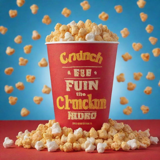 A captivating image of golden chicken popcorn adorned by a catchy slogan, 'Crunch into Fun!', in vivid lettering.