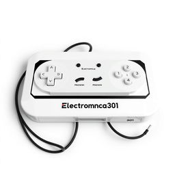 A retrofuturistic console design featuring a sleek white housing with a prominent black stripe running horizontally across the middle