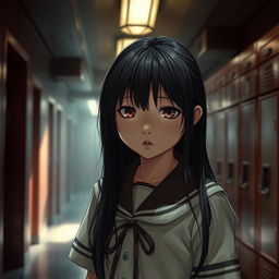 A young Japanese schoolgirl in a horror-themed setting, wearing a traditional school uniform with a haunting expression