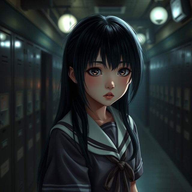 A young Japanese schoolgirl in a horror-themed setting, wearing a traditional school uniform with a haunting expression